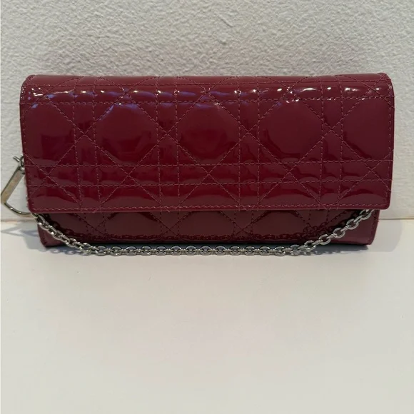 Christian Lady Dior Fuchsia Patent Leather Cannage Rendezvous Wallet Chain WOC - Picture 3 of 11